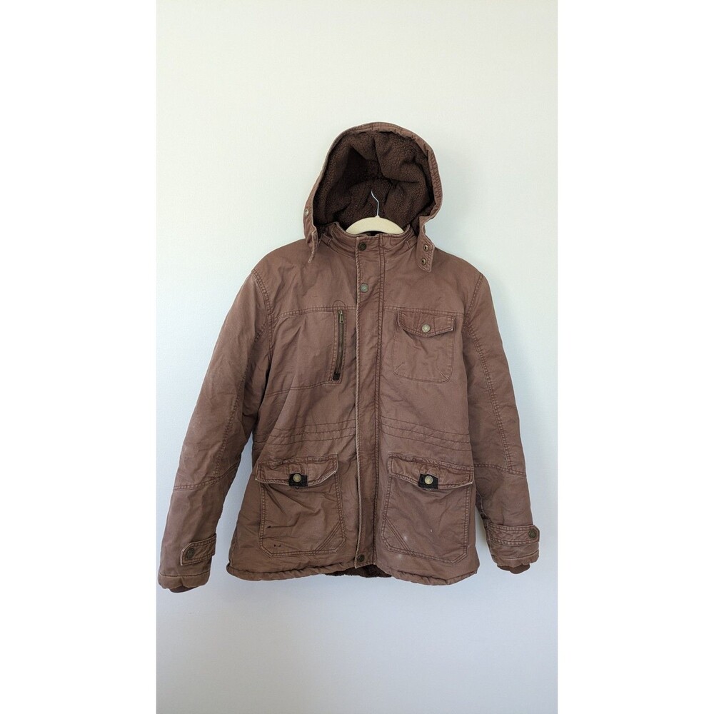 Wenven Mens Jacket XL Chore Coat Brown Fleece Lined Removable Hood Military